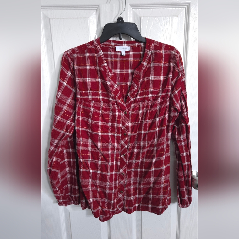 Red White Plaid Long Sleeve Button Down Shirt Top